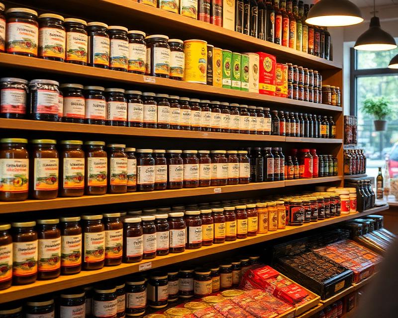 Tablettes d'épicerie fine européenne : confitures, chocolats et conserves