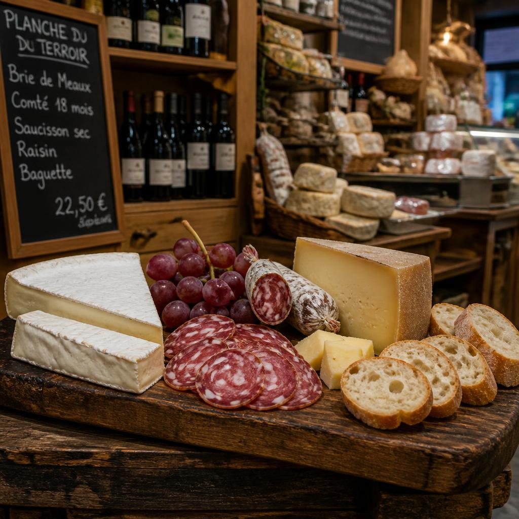 Plateau de fromages fins et charcuteries avec raisins et baguette