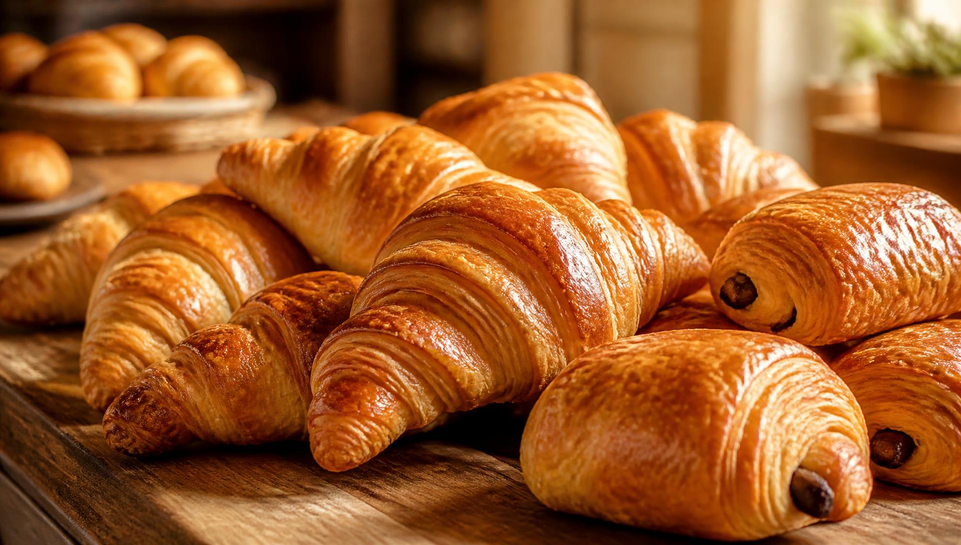 Croissants et chocolatines dorés fraîchement sortis du four