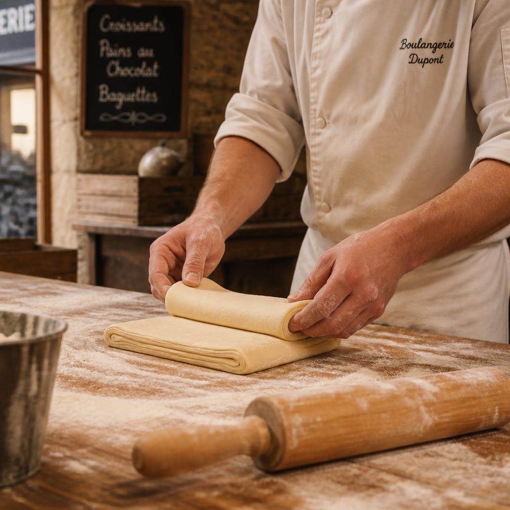 Boulanger feuilletant à la main la pâte à croissants